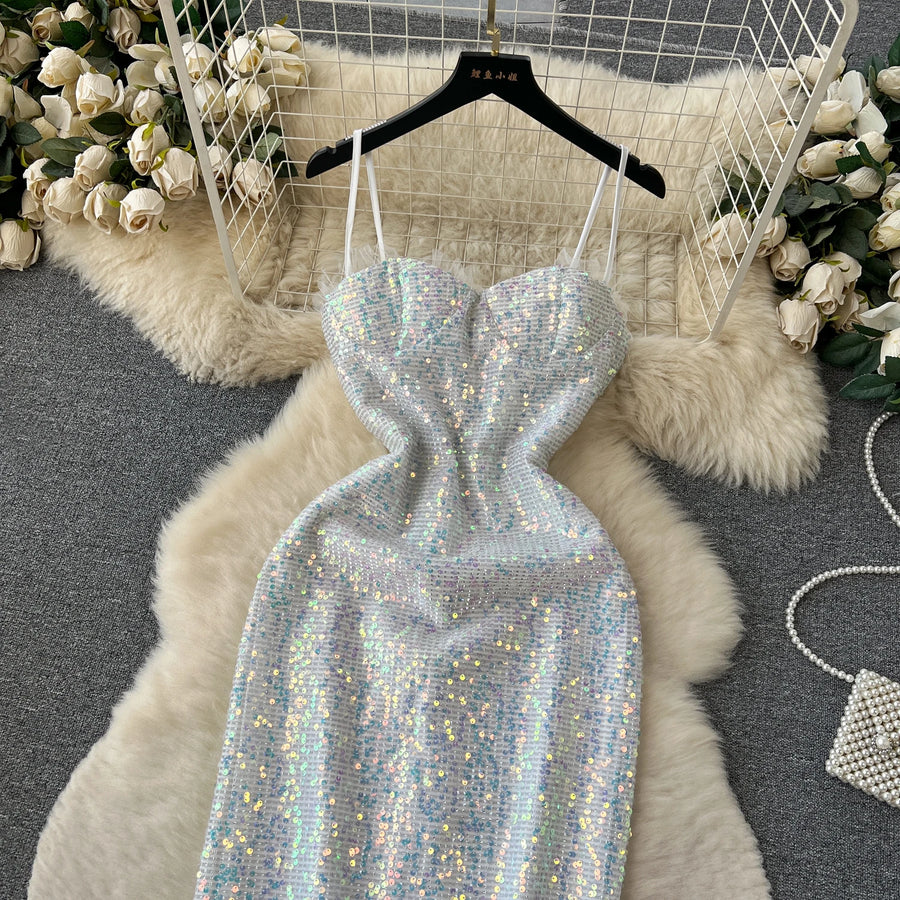 Chic Sequin Backless Slip Dress Sleeveless Korean Fashion Vestidos Women Vintage Summer Hip Wrap Dress