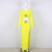 New Women's Luxury Beaded Starfish Diamond Sexy Long Sleeve Short Top High Waisted Split Skirt 2-Piece Nightclub Party Set