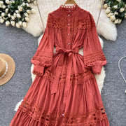 Elegant retro style slit maxi dress with pearl buttons and high-quality crochet embroidery