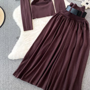 Women Elegant Office Two Piece Sets Autumn Winter Long Sleeved Standing Neck Sweater Top High Waist Slim A-line Long Skirt Suits