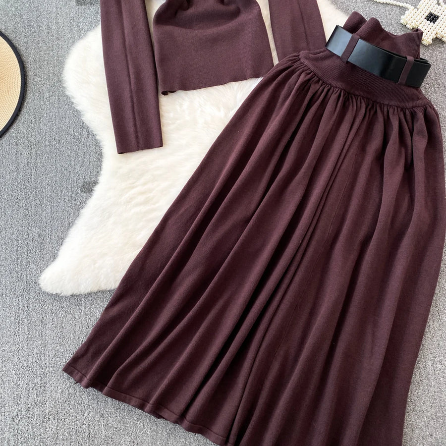 Women Elegant Office Two Piece Sets Autumn Winter Long Sleeved Standing Neck Sweater Top High Waist Slim A-line Long Skirt Suits