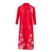 Plus Size Stand Collar Embroidered Half Sleeve Single Breasted Loose Pleated Dress