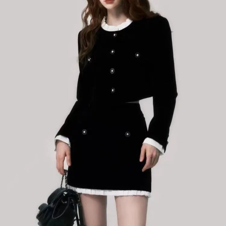 Two Piece Velvet Skirt Set Single-breasted Long Sleeve Short Coat + A-line Mini Skirt High Quality