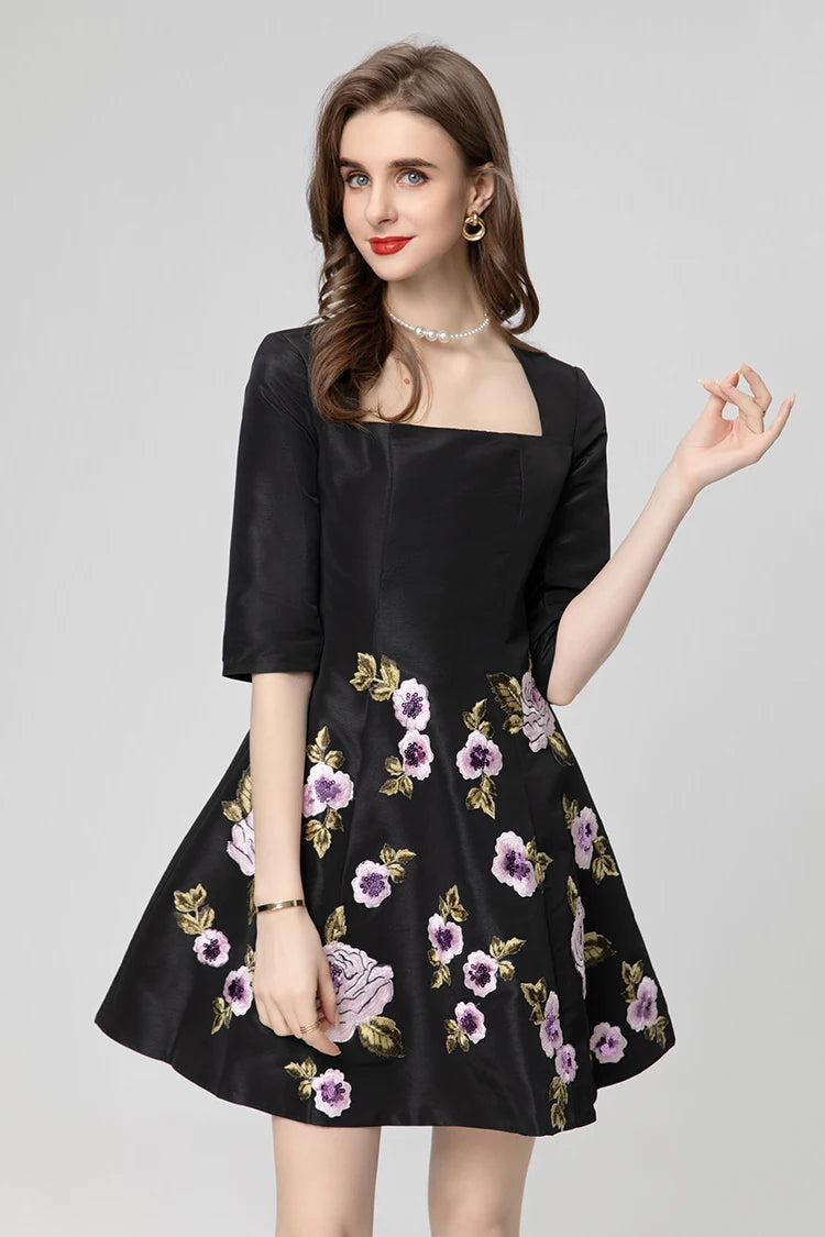 High Quality Elegant Flower Embroidery Pink Black Square Collar Half Sleeve Women Mini Dress