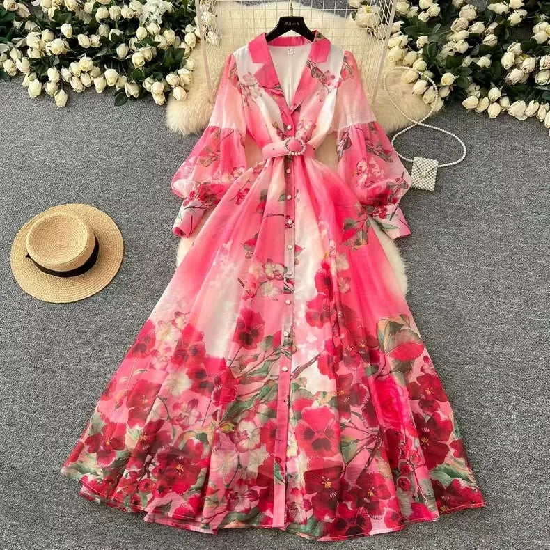 Long Dress Women Dresses Print Floral Turn Down Collar A Line Vestidos Lantern Sleeve Elegant High Waist Y2k 2025 Streetwear