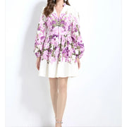 French Print V-neck Puff Sleeve Long Sleeve Single Breasted Dress A-line Casual Women Fashion Autumn Spring Vestidos Clothing