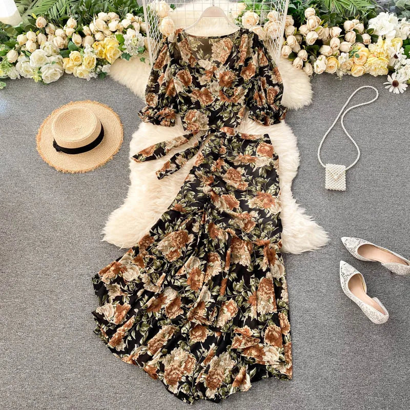 Sexy Two Pieces Sets Chic Bandage chiffon Shirt Top with sweet High Waist mermaid Skirt Beach Vacation Sets