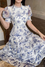 High Quality Cascading Ruffles Flower Print Puff Short Sleeve Elegant Mesh Dress