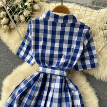 Blue and White Plaid Shirt Dress Short Sleeve Cross Sashes Lace Up Vintage Midi High Quality