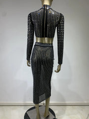 High Quality Shiny Black Mesh Studded High Neck Sexy Midi Bodycon Skirt Set