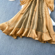 Fashion Temperament Bandage Slim Waist Dress Fairy Gauze Ruffled Long Robe Turn-down Collar Single Breasted Diamonds Vestidos