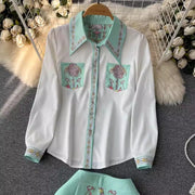 Summer Cartoon 2 Pieces Set Women Turn Down Collar Long Sleeve Two Pockets Chiffon Shirt Top + Irregular Vintage Mini Skirt Suit