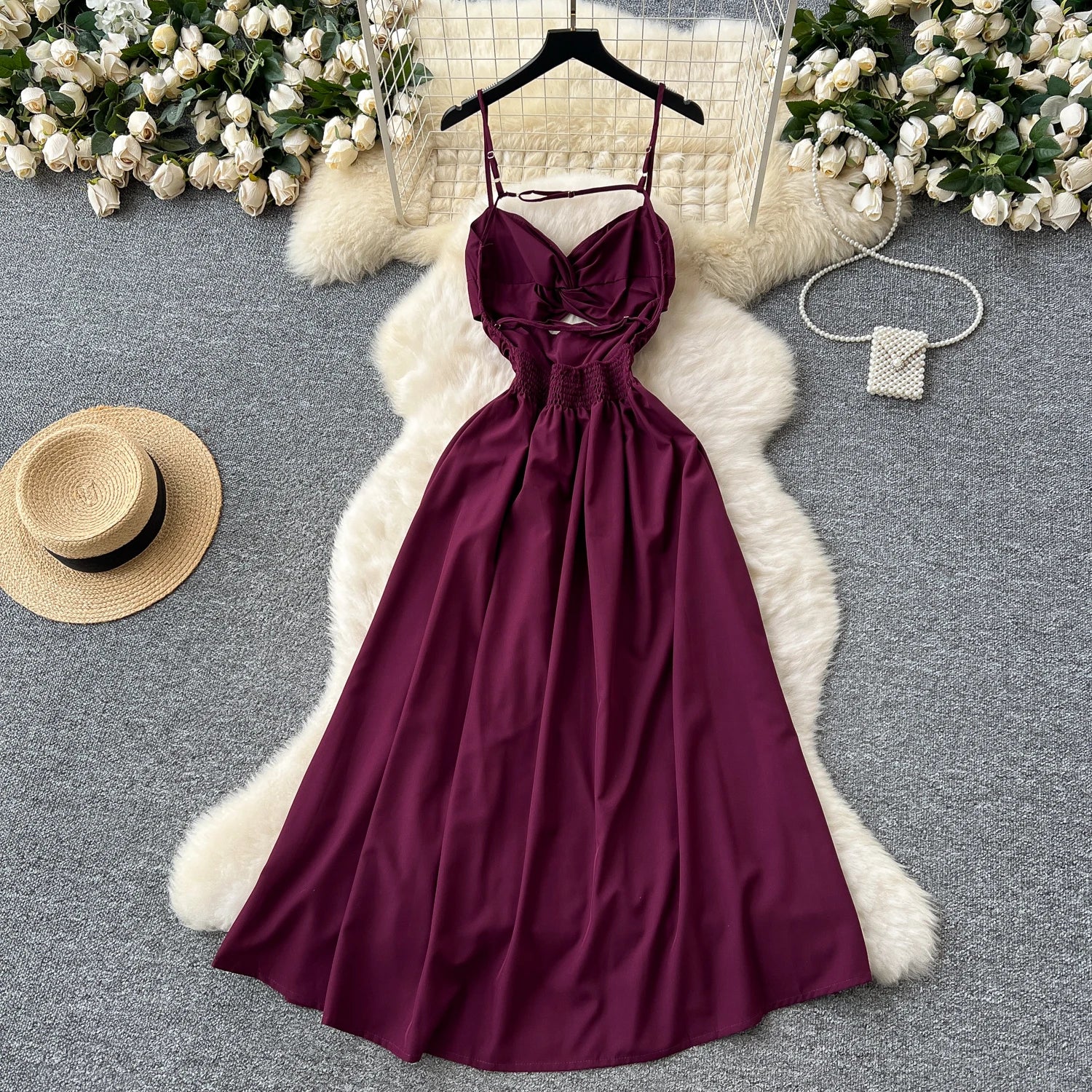 Elegant off-the-shoulder dress with a slit, sexy, openwork, plain, French-style, fashionable, stretchy, fitted, high-quality