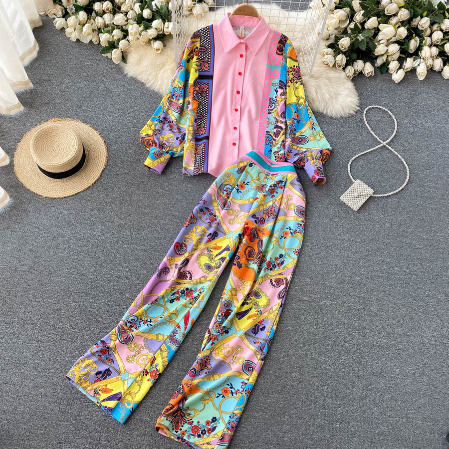 2 Piece Set Print Long Sleeve Button Down Shirt + High Quality Full Length Pant