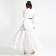 High Quality Stand Collar Long Sleeve Hole Embroidered Dress