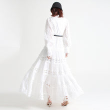 High Quality Stand Collar Long Sleeve Hole Embroidered Dress
