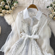 Fashion Temperament Bandage Slim Waist Dress Fairy Gauze Ruffled Long Robe Turn-down Collar Single Breasted Diamonds Vestidos