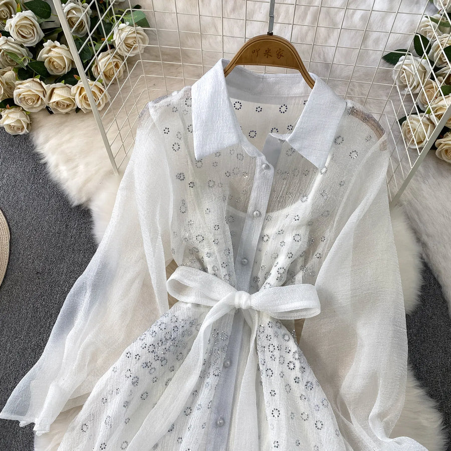 Fashion Temperament Bandage Slim Waist Dress Fairy Gauze Ruffled Long Robe Turn-down Collar Single Breasted Diamonds Vestidos