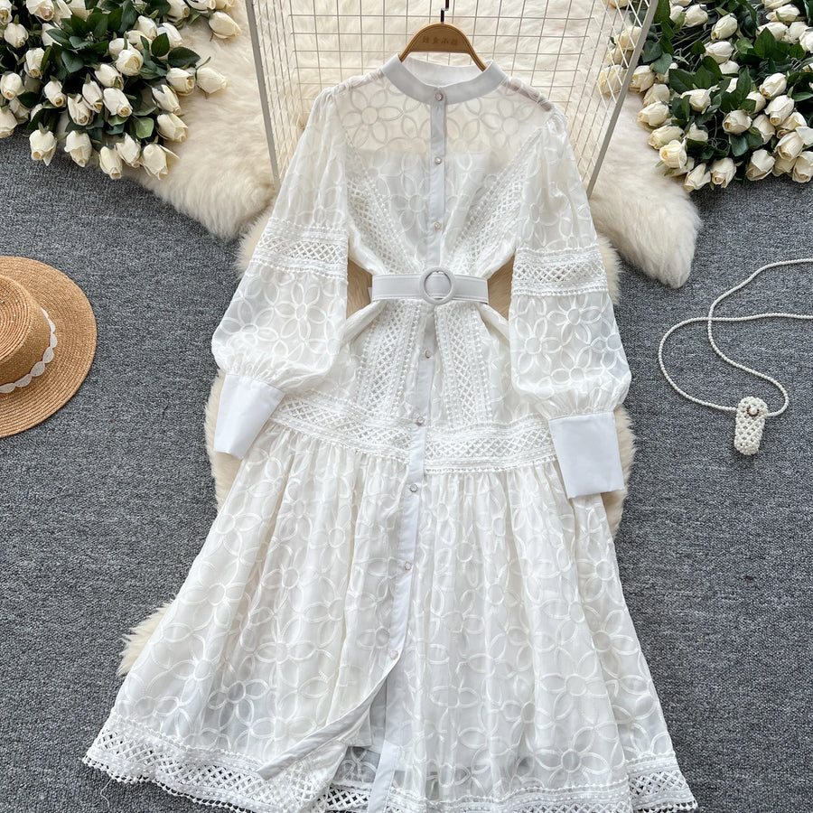 Elegant round neck fitted long dress, vintage style, long lantern sleeves, embroidery, single breasted, French evening style