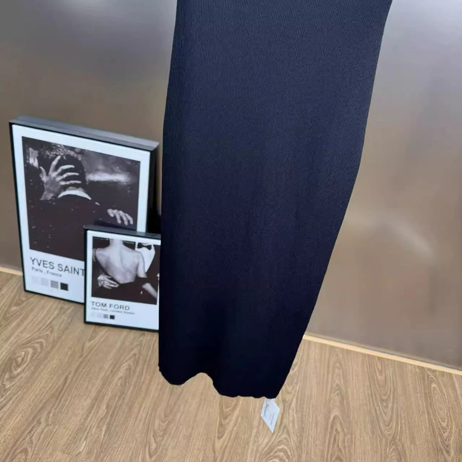 Solid Spliced Hollow Out Long Knitting Dress for Women O Neck Sleeveless High Waist Patchwork Metal Buckle Dresses Female