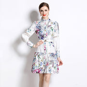 High Quality Support Long Sleeve Flower Print Belted Knee Length Dresses