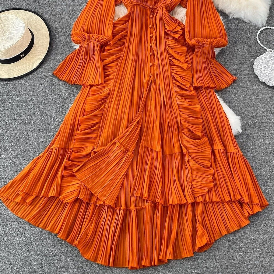 High Quality Ruffled Irreful Hem Elegant French Style Solid Striped Open Stitch Dress