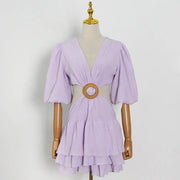 Summer New Women's Fashion Waistless A-line Short Dress Sexy Solid Color Deep V-neck Bubble Sleeve Waist Hollow Party Dress