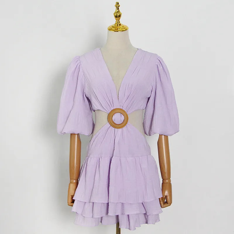 Summer New Women's Fashion Waistless A-line Short Dress Sexy Solid Color Deep V-neck Bubble Sleeve Waist Hollow Party Dress