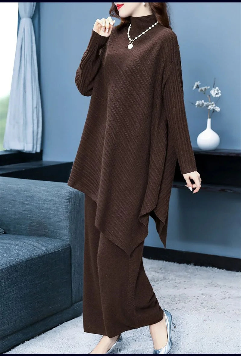 High Quality Turtleneck Knitted Wide Leg Irregular 2 Piece Set