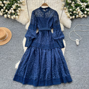 Elegant round neck fitted long dress, vintage style, long lantern sleeves, embroidery, single breasted, French evening style