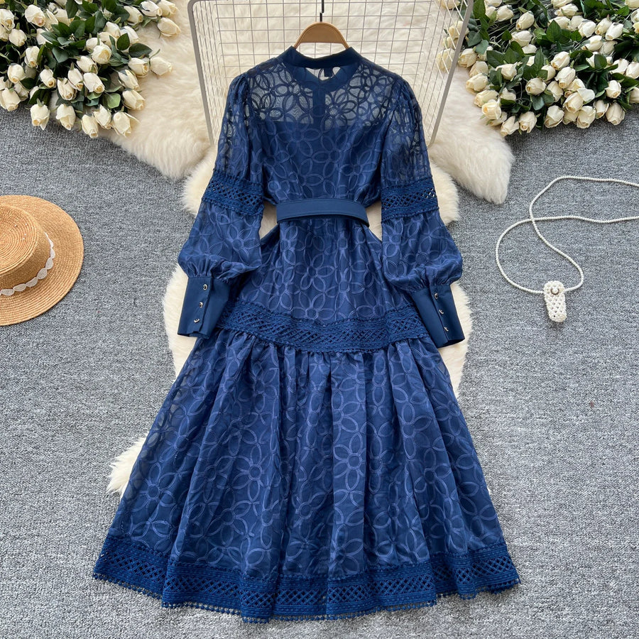 Elegant round neck fitted long dress, vintage style, long lantern sleeves, embroidery, single breasted, French evening style