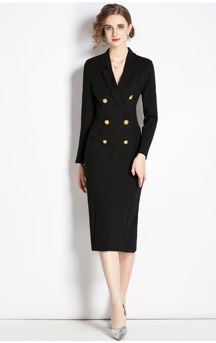 High Quality Black Long Sleeve Double Breasted Midi Elegant Dress