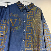 Streetwear Hot Drilling Women Denim Sets Diamonds Single-breasted Loose Long Sleeve Shirts Coat + Wide Leg Straight Jeans Suits