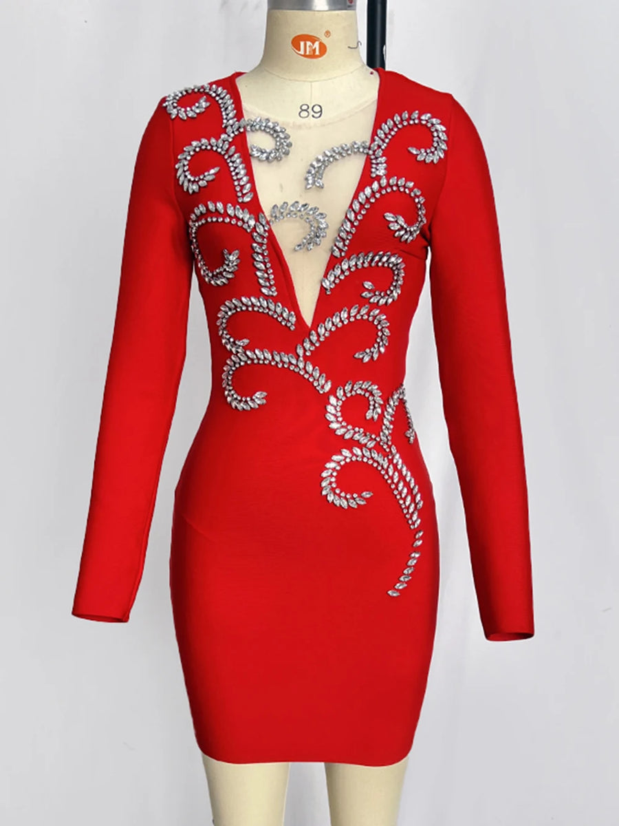 Sexy V Neck Mesh Long Sleeve Luxury Shiny Diamond Bodycon Mini Dress E ETERNA Sexy V Neck Mesh Long Sleeve Luxury Shiny Diamond Bodycon Mini Dress E ETERNA
