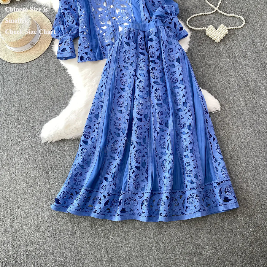 Summer Embroidery Maxi Dress Two Piece Set Women Blue Hollow Lace Long Sleeve Blouse Shirts 3pcs Sets Elastic Waist Skirts Suits
