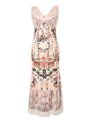 Summer Fashion Pink Floral Print Vacation Evening Dress Women Clothes Elegant Sexy Tank V-Neck Slim Long Robe Party Prom Vestido