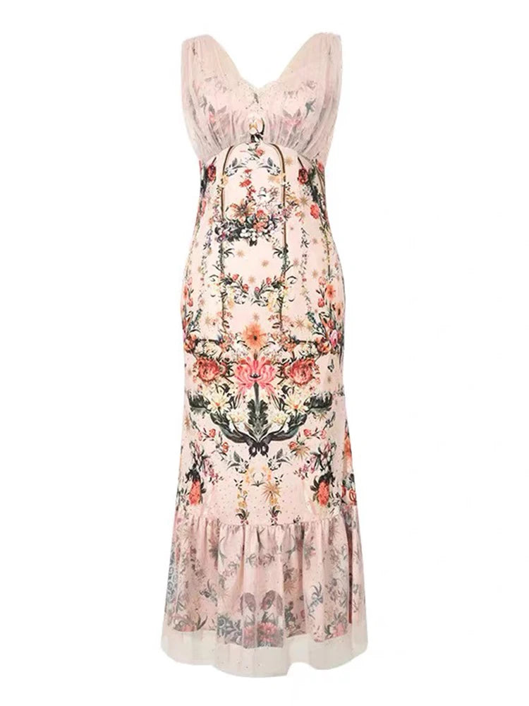 Summer Fashion Pink Floral Print Vacation Evening Dress Women Clothes Elegant Sexy Tank V-Neck Slim Long Robe Party Prom Vestido