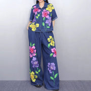 High quality elastic high waist short sleeve print vintage suit set