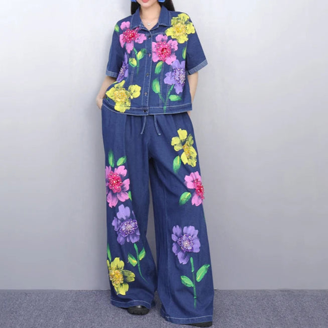 High quality elastic high waist short sleeve print vintage suit set