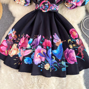 High Quality Ruffle Print Elegant Puff Short Sleeve A-line Dress