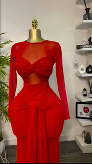 High Quality Nightclub Long Sleeve Bow Sheer Mesh Maxi Dress