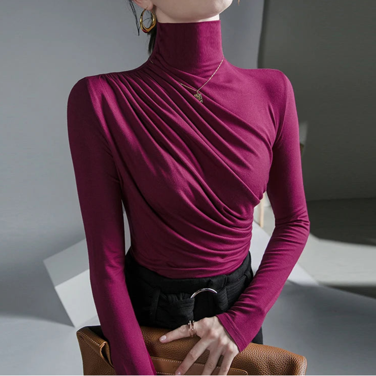 High Quality Solid Color Long Sleeve Pleated Turtleneck Stretch Cotton T-shirt