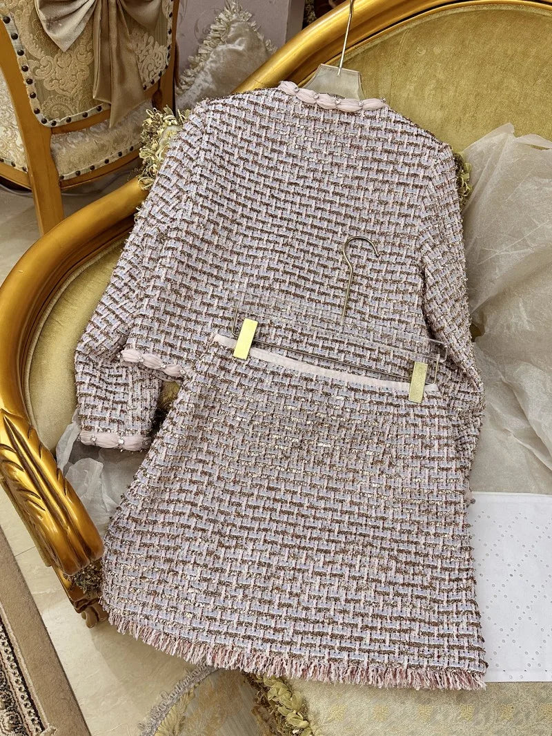 Autumn Winter Office Women Mixed Color Fit Sets Golden Silk O Neck Two Piece Set Tweed Jacket Slim Half Skirt Set Elegant Lady