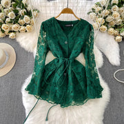 Embroidery Mesh 2 Pieces Set Women Hollow Out Sashes Shirt Tops + Elastic Waist A-Line Long Skirts Suit Autumn Ladies Outfit
