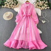 Fashion Temperament Bandage Slim Waist Dress Fairy Gauze Ruffled Long Robe Turn-down Collar Single Breasted Diamonds Vestidos