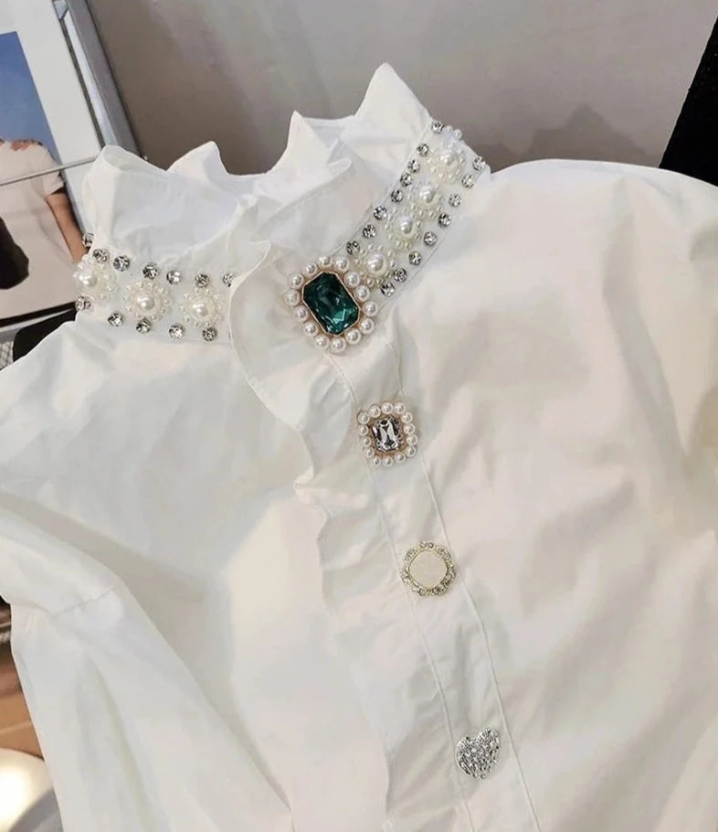 High Quality Long Sleeve Ruffle Collar Diamond Button Shirts