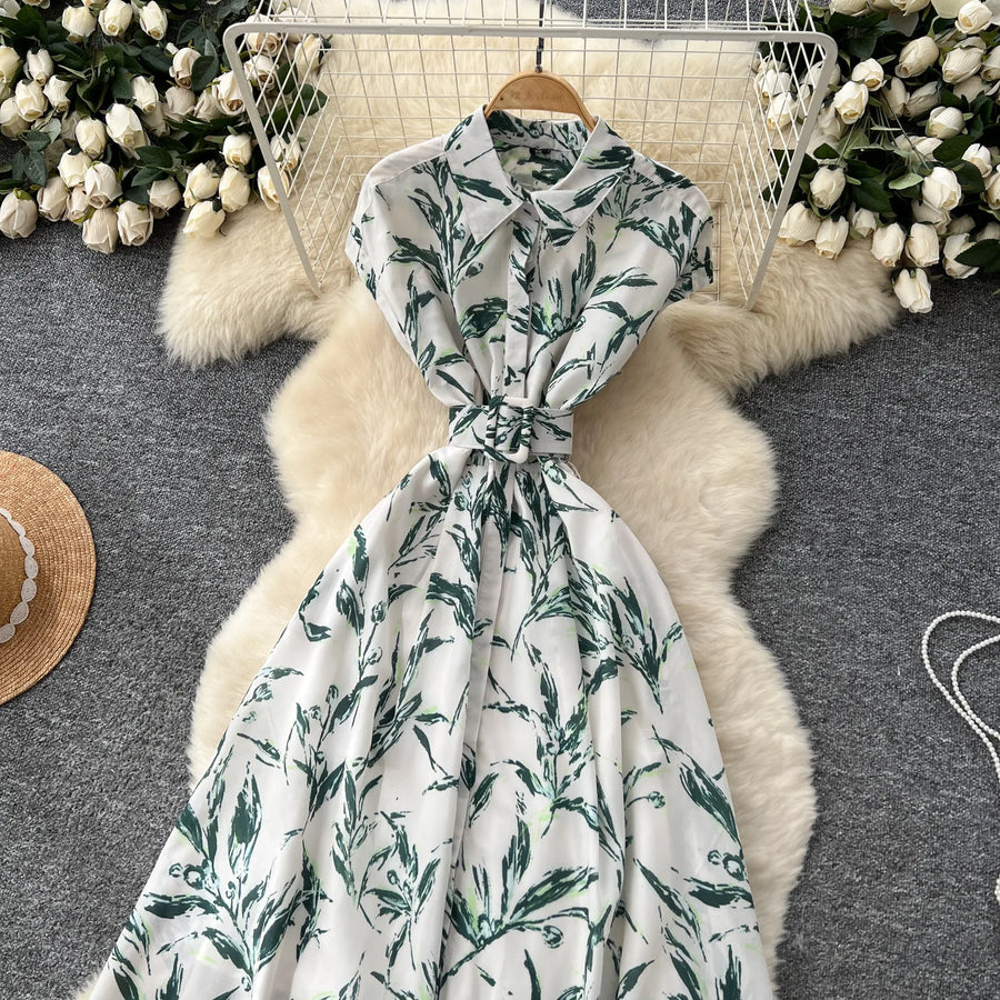 Dress Women Long Dresses High Waist Vestidos Polo Collar Short Sleeve Elegant Splice Y2k Streetwear Work Party Night Print