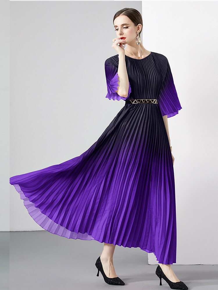 High Quality Vintage Oversized Loose Gradient Belt Lace Up O Neck Pleated Long Dress