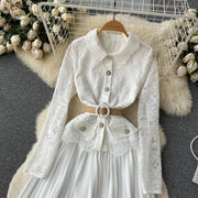 High Quality Long Sleeve Floral Embroidery Button Pleated White Elegant Dress