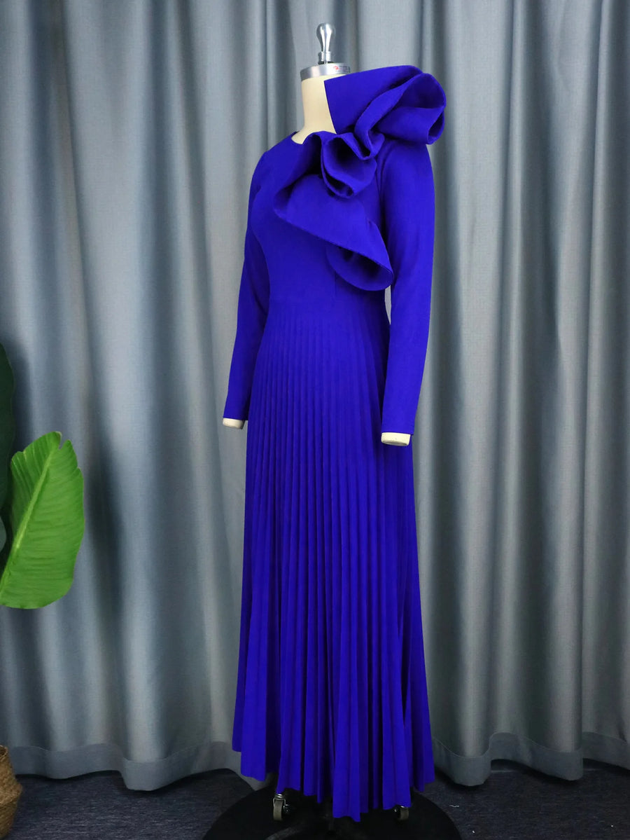 Elegant long sleeve pleated dress in blue, green, pink high quality